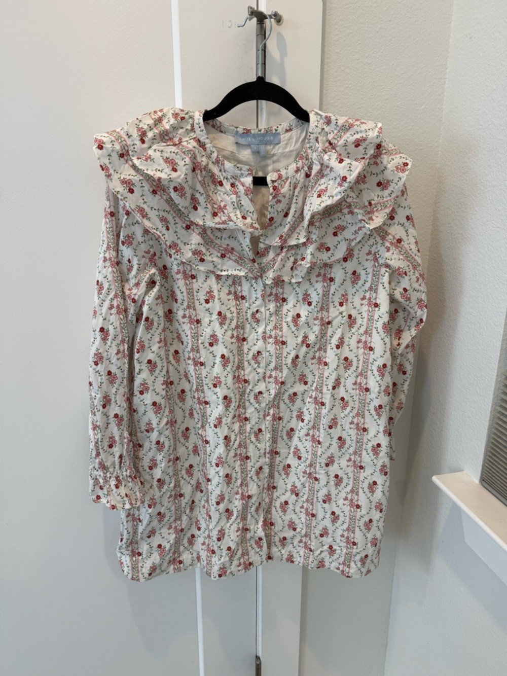Hill House Ruffle Neck Blouse in Cream and Red